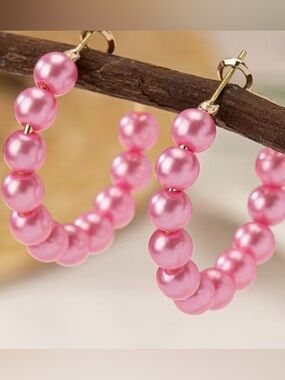 Pink Pearl Bead Hoop Earrings - Women Jewelry